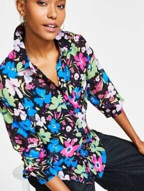 Bar III Black Floral Blouse with Pink, Blue & Green Accents